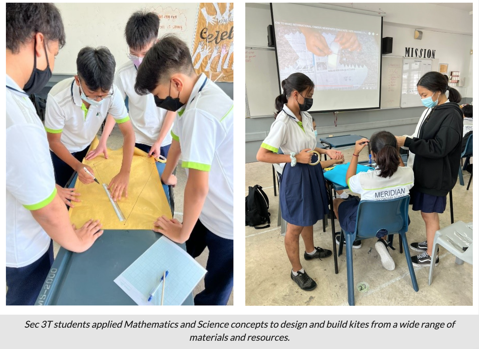 Masked students in school uniforms building kites in a classroom, measuring and cutting materials at desks.